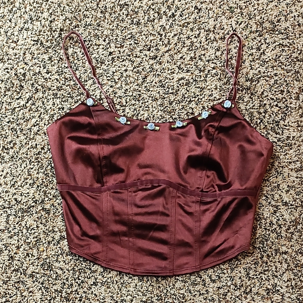 Wild Fable | Elegant Bohemian Burgundy Satin Women's Top With Blue Flowers